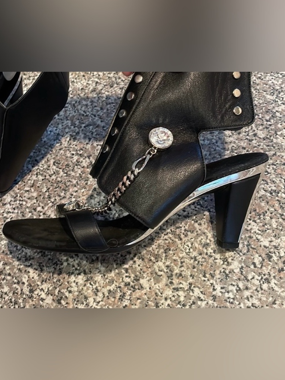 Onex Italy Black Open-Toe Heel with Chain & Crystal Accent